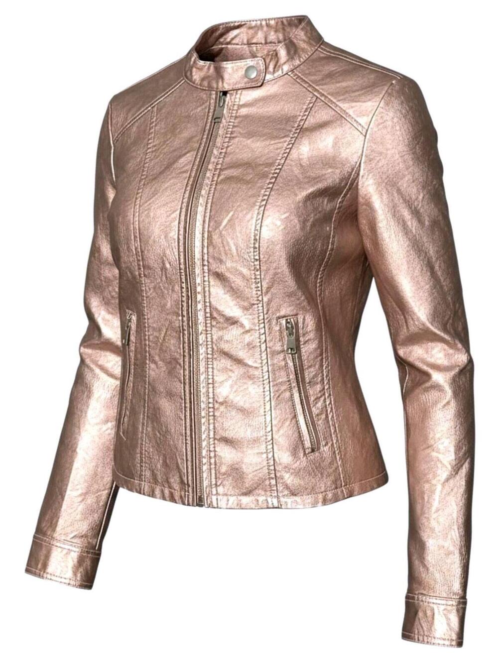 BACCINI Womens (PM) Rose Gold Metallic Faux Leather ZipUp Biker Jean Jacket